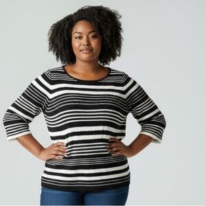 𝅺chico’s cotton ramie knit pullover black white horizontal striped size 3/XL